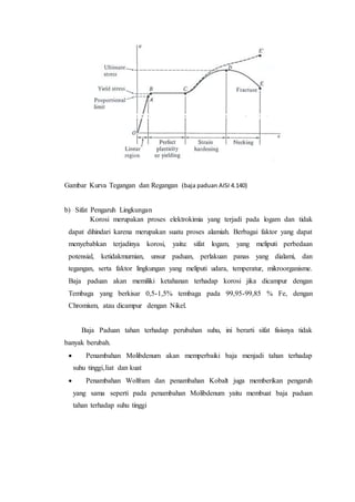 Gambar Kurva Tegangan dan Regangan (baja paduan AISI 4.140)
b) Sifat Pengaruh Lingkungan
Korosi merupakan proses elektrokimia yang terjadi pada logam dan tidak
dapat dihindari karena merupakan suatu proses alamiah. Berbagai faktor yang dapat
menyebabkan terjadinya korosi, yaitu: sifat logam, yang meliputi perbedaan
potensial, ketidakmurnian, unsur paduan, perlakuan panas yang dialami, dan
tegangan, serta faktor lingkungan yang meliputi udara, temperatur, mikroorganisme.
Baja paduan akan memiliki ketahanan terhadap korosi jika dicampur dengan
Tembaga yang berkisar 0,5-1,5% tembaga pada 99,95-99,85 % Fe, dengan
Chromium, atau dicampur dengan Nikel.
Baja Paduan tahan terhadap perubahan suhu, ini berarti sifat fisisnya tidak
banyak berubah.
 Penambahan Molibdenum akan memperbaiki baja menjadi tahan terhadap
suhu tinggi,liat dan kuat
 Penambahan Wolfram dan penambahan Kobalt juga memberikan pengaruh
yang sama seperti pada penambahan Molibdenum yaitu membuat baja paduan
tahan terhadap suhu tinggi
 
