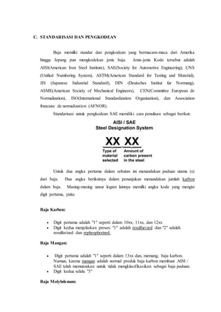 C. STANDARISASI DAN PENGKODEAN
Baja memilki standar dan pengkodean yang bermacam-maca dari Amerika
hingga Jepang pun mengkodekan jenis baja. Jenis-jenis Kode tersebut adalah
AISI(American Iron Steel Institute), SAE(Society for Automotive Engineering), UNS
(Unified Numbering System), ASTM(American Standard for Testing and Material),
JIS (Japanese Industrial Standard), DIN (Deutsches Institut fur Normung),
ASME(American Society of Mechanical Engineers), CEN(Committee European de
Normalization), ISO(International Standardization Organization), dan Association
francaise de normalization (AFNOR).
Standarisasi untuk pengkodean SAE memiliki cara penulisan sebagai berikut:
Untuk dua angka pertama dalam sebutan ini menandakan paduan utama (s)
dari baja. Dua angka berikutnya dalam penunjukan menandakan jumlah karbon
dalam baja. Masing-masing unsur logam lainnya memilki angka kode yang mengisi
digit pertama, yaitu:
Baja Karbon:
 Digit pertama adalah "1" seperti dalam 10xx, 11xx, dan 12xx
 Digit kedua menjelaskan proses: "1" adalah resulfurized dan "2" adalah
resulfurized dan rephosphorized.
Baja Mangan:
 Digit pertama adalah "1" seperti dalam 13xx dan, memang, baja karbon.
Namun, karena mangan adalah normal produk baja karbon membuat AISI /
SAE telah memutuskan untuk tidak mengklasifikasikan sebagai baja paduan.
 Digit kedua selalu "3"
Baja Molybdenum:
 