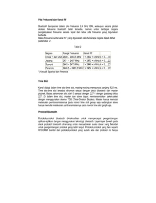 Pita Frekuensi dan Kanal RF

Bluetooth beroperasi dalam pita frekuensi 2,4 GHz ISM, walaupun secara global
alokasi frekuensi bluetooth telah tersedia, namun untuk berbagai negara
pengalokasian frekuensi secara tepat dan lebar pita frekuensi yang digunakan
berbeda.
Batas frekuensi serta kanal RF yang digunakan oleh beberapa negara dapat dilihat
padaTabel 2.

                                     Tabel 2

       Negara            Range Frekuensi        Kanal RF
       Eropa *) dan USA 2400 – 2483,5 MHz       f = 2402 + k MHz k = 0,…,78
       Jepang             2471 – 2497 MHz       f = 2473 + k MHz k = 0,…,22
       Spanyol            2445 – 2475 MHz       f = 2449 + k MHz k = 0,…,22
       Perancis           2446,5 – 2483,5 MHz   f = 2454 + k MHz k = 0,…,22
*) Kecuali Spanyol dan Perancis


Time Slot

Kanal dibagi dalam time slot-time slot, masing-masing mempunyai panjang 625 ms.
Time slot-time slot tersebut dinomori sesuai dengan clock bluetooth dari master
piconet. Batas penomoran slot dari 0 sampai dengan 227-1 dengan panjang siklus
227. Di dalam time slot, master dan slave dapat mentransmisikan paket-paket
dengan menggunakan skema TDD (Time-Division Duplex). Master hanya memulai
melakukan pentransmisiannya pada nomor time slot genap saja sedangkan slave
hanya memulai melakukan pentransmisiannya pada nomor time slot ganjil saja.

Protokol Bluetooth

Protokol-protokol bluetooth dimaksudkan untuk mempercepat pengembangan
aplikasi-aplikasi dengan menggunakan teknologi bluetooth. Layer-layer bawah pada
stack protokol bluetooth dirancang untuk menyediakan suatu dasar yang fleksibel
untuk pengembangan protokol yang lebih lanjut. Protokol-protokol yang lain seperti
RFCOMM diambil dari protokol-protokol yang sudah ada dan protokol ini hanya
 