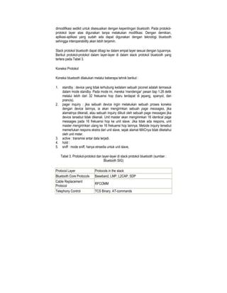 dimodifikasi sedikit untuk disesuaikan dengan kepentingan bluetooth. Pada protokol-
protokol layer atas digunakan tanpa melakukan modifikasi. Dengan demikian,
aplikasi-aplikasi yang sudah ada dapat digunakan dengan teknologi bluetooth
sehingga interoperability akan lebih terjamin.

Stack protokol bluetooth dapat dibagi ke dalam empat layer sesuai dengan tujuannya.
Berikut protokol-protokol dalam layer-layer di dalam stack protokol bluetooth yang
tertera pada Tabel 3.

Koneksi Protokol

Koneksi bluetooth dilakukan melalui beberapa tehnik berikut :

1.    standby : device yang tidak terhubung kedalam sebuah piconet adalah termasuk
      dalam mode standby. Pada mode ini, mereka ‘mendengar’ pesan tiap 1.28 detik
      melalui lebih dari 32 frekuensi hop (baru terdapat di jepang, spanyol, dan
      prancis).
2.    page/ inquiry : jika sebuah device ingin melakukan sebuah proses koneksi
      dengan device lainnya, ia akan mengirmkan sebuah page messages, jika
      alamatnya dikenali, atau sebuah inquiry diikuti oleh sebuah page messages jika
      device tersebut tidak dikenali. Unit master akan mengirimkan 16 identical page
      messages pada 16 frekuensi hop ke unit slave. Jika tidak ada respons, unit
      master mengirimkan ulang ke 16 frekuensi hop lainnya. Metode inquiry tersebut
      memerlukan respons ekstra dari unit slave, sejak alamat MACnya tidak diketahui
      oleh unit mster.
3.    active : transmisi antar data terjadi.
4.    hold :
5.    sniff : mode sniff, hanya etrsedia untuk unit slave,

     Tabel 3. Protokol-protokol dan layer-layer di stack protokol bluetooth (sumber :
                                     Bluetooth SIG)

Protocol Layer                Protocols in the stack
Bluetooth Core Protocols      Baseband, LMP, L2CAP, SDP
Cable Replacement
                              RFCOMM
Protocol
Telephony Control             TCS Binary, AT-commands
 