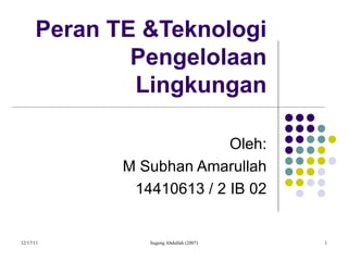Peran TE &Teknologi Pengelolaan Lingkungan Oleh: M Subhan Amarullah 14410613 / 2 IB 02 