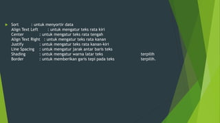  Sort : untuk menyortir data
Align Text Left : untuk mengatur teks rata kiri
Center : untuk mengatur teks rata tengah
Align Text Right : untuk mengatur teks rata kanan
Justify : untuk mengatur teks rata kanan-kiri
Line Spacing : untuk mengatur jarak antar baris teks
Shading : untuk mengatur warna latar teks terpilih
Border : untuk memberikan garis tepi pada teks terpilih.
 