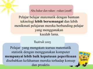 Pelajar belajar matematik dengan bantuan
teknologi lebih bersemangat dan lebih
menikmati pelajaran mereka berbanding pelajar
yang menggunakan
kaedah lama.
Pelajar yang mengikuti kursus matematik
statistik dengan menggunakan komputer
mempunyai lebih baik keputusan peperiksaan
disebabkan kefahaman mereka terhadap konsep
dan proaktis
Abu bakar dan rakan –rakan (2008)
Bastruk 2005
 