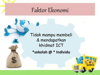 Faktor Ekonomi
Tidak mampu membeli
& mendapatkan
khidmat ICT
*sekolah @ * Individu
 
