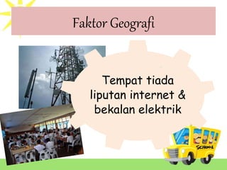 Faktor Geografi
Tempat tiada
liputan internet &
bekalan elektrik
 