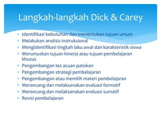  Identifikasi kebutuhan dan menentukan tujuan umum
 Melakukan analisis instruksional
 Mengidentifikasi tingkah laku awal dan karakteristik siswa
 Merumuskan tujuan kinerja atau tujuan pembelajaran
khusus
 Pengembangan tes acuan patokan
 Pengembangan strategi pembelajaran
 Pengembangan atau memilih materi pembelajaran
 Merancang dan melaksanakan evaluasi formatif
 Merancang dan melaksanakan evaluasi sumatif
 Revisi pembelajaran
Langkah-langkah Dick & Carey
 