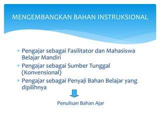 MENGEMBANGKAN BAHAN INSTRUKSIONAL
 Pengajar sebagai Fasilitator dan Mahasiswa
Belajar Mandiri
 Pengajar sebagai Sumber Tunggal
(Konvensional)
 Pengajar sebagai Penyaji Bahan Belajar yang
dipilihnya
Penulisan Bahan Ajar
 