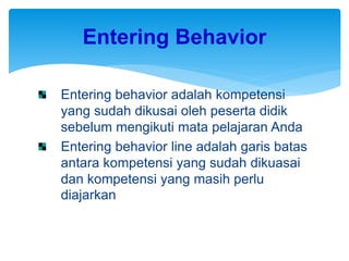 Entering behavior adalah kompetensi
yang sudah dikusai oleh peserta didik
sebelum mengikuti mata pelajaran Anda
Entering behavior line adalah garis batas
antara kompetensi yang sudah dikuasai
dan kompetensi yang masih perlu
diajarkan
Entering Behavior
 