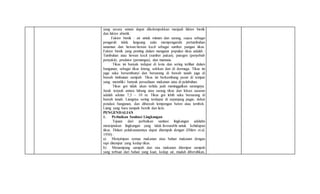 yang secara umum dapat dikelompokkan menjadi faktor biotik
dan faktor abiotik.
Faktor biotik : air untuk minum dan sarang, cuaca sebagai
pengaruh tidak langsung yaitu mempengaruhi pertumbuhan
tanaman dan hewan-hewan kecil sebagai sumber pangan tikus.
Faktor biotik yang penting dalam mengatur populasi tikus adalah :
Tumbuhan atau hewan kecil (sumber pakan), patogen (penyebab
penyakit), predator (pemangsa), dan manusia.
Tikus ini banyak tedapat di kota dan sering terlihat dalam
bangunan, sebagai tikus loteng, selokan dan di dermaga. Tikus ini
juga suka bersembunyi dan bersarang di bawah tanah juga di
bawah timbunan sampah. Tikus ini berkembang pesat di tempat
yang memiliki banyak persediaan makanan atau di pelabuhan.
Tikus got tidak akan terlalu jauh meninggalkan sarangnya.
Jarak terjauh antara lubang atau sarang tikus dan lokasi sasaran
adalah sekitar 7,5 – 10 m. Tikus got lebih suka bersarang di
bawah tanah. Liangnya sering terdapat di sepanjang pagar, dekat
pondasi bangunan, dan dibawah lempengan beton atau tembok.
Liang yang baru tampak bersih dan licin.
PENGENDALIAN
1. Perbaikan Sanitasi Lingkungan
Tujuan dari perbaikan sanitasi lingkungan adalahn
menciptakan lingkungan yang tidak favourable untuk kehidupan
tikus. Dalam pelaksanaannya dapat ditempuh dengan (Ehlers et.al,
1950) :
a) Menyimpan semua makanan atau bahan makanan dengan
rapi ditempat yang kedap tikus.
b) Menampung sampah dan sisa makanan ditempat sampah
yang terbuat dari bahan yang kuat, kedap air, mudah dibersihkan,
 