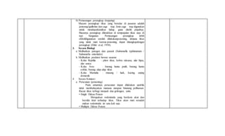 b) Pemasangan perangkap (trapping)
Macam perangkap tikus yang beredar di pasaran adalah
jenissnap/guillotine dan cage trap. Jenis cage trap digunakan
untuk mendapatkantikus hidup, guna diteliti pinjalnya.
Biasanya perangkap diletakkan di tempatjalan tikus atau di
tepi bangunan. Pemasangan perangkap lebih
efektifdigunakan setelah dilakukanpoisoning, dimana tikus
yang tidak mati karena poisoning, dapat ditangkapdengan
perangkap (Ehler et.al, 1950).
3. Secara Biologi
a. Melibatkan patogen dan parasit (Salmonella typhimurium /
Salmonella enteritidis)
b. Melibatkan predator hewan sasaran
- Kelas Reptilia : piton tikus, kobra raksasa, ular hijau,
ular sanca
- Kelas Aves : burung hantu putih, burung hantu
coklat, burung alap-alap tikus
- Kelas Mamalia : musang / luak, kucing, anjing
domestik
4. Secara Kimiawi
a. Peracunan (poisoning)
Pada umumnya peracunan dapat dilakukan apabila
tidak membahayakan manusia ataupun binatang peliharaan.
Racun tikus terbagi menjadi dua golongan, yaitu
• Single Ddose Poison
Merupakan rodentisida yang berdosis akut dan
bersifat letal terhadap tikus. Tikus akan mati sesudah
makan rodentisida ini satu kali saja.
• Multiple Ddose Poison
 