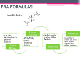 PRA FORMULASI
• 1,4:3,6-
Dianhidro-D-
glusitol
dinitrat
Nama
IUPAC
• C6H8N2O8
• Berat
molekul
236,14
Rumus
Molekul • Serbuk putih
gading, tidak
berbau
Pemerian
• Sedikit larut
dalam air, bebas
larut dalam
aseton, larut
dalam metanol.
Kelarutan
Isosorbid dinitrat
 