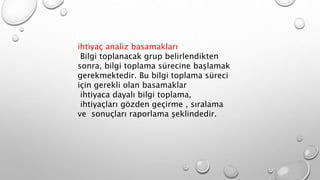 ihtiyaç analiz basamakları
Bilgi toplanacak grup belirlendikten
sonra, bilgi toplama sürecine başlamak
gerekmektedir. Bu bilgi toplama süreci
için gerekli olan basamaklar
ihtiyaca dayalı bilgi toplama,
ihtiyaçları gözden geçirme , sıralama
ve sonuçları raporlama şeklindedir.
 