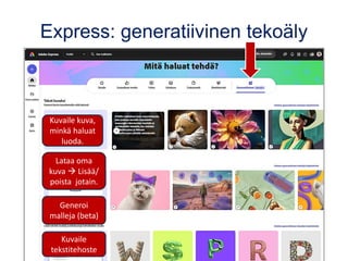 Express: generatiivinen tekoäly
Kuvaile kuva,
minkä haluat
luoda.
Kuvaile
tekstitehoste
Lataa oma
kuva → Lisää/
poista jotain.
Generoi
malleja (beta)
 