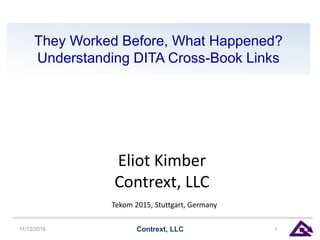 They Worked Before, What Happened?
Understanding DITA Cross-Book Links
11/13/2015 Contrext, LLC 1
Eliot Kimber
Contrext, LLC
Tekom 2015, Stuttgart, Germany
 