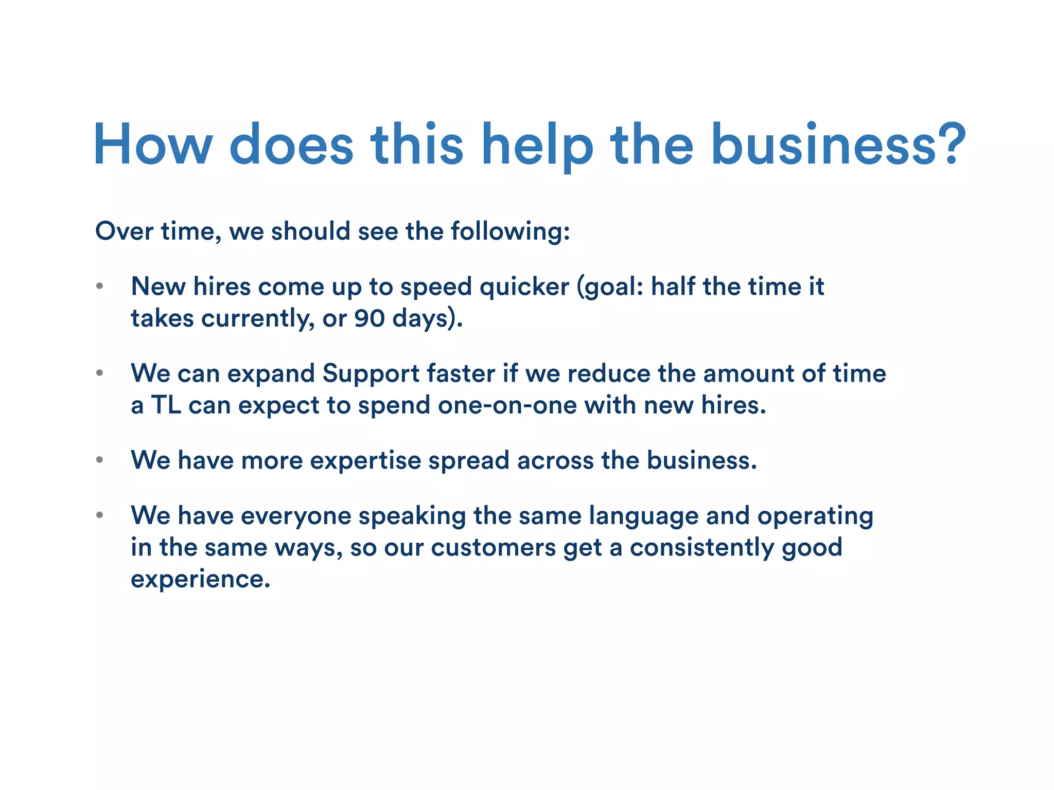 How does this help the business?
Over time, we should see the following:
•  New hires come up to speed quicker (goal: half the time it
takes currently, or 90 days).
•  We can expand Support faster if we reduce the amount of time
a TL can expect to spend one-on-one with new hires.
•  We have more expertise spread across the business.
•  We have everyone speaking the same language and operating
in the same ways, so our customers get a consistently good
experience.
 