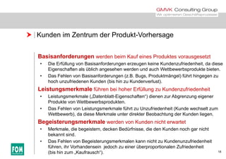  Kunden im Zentrum der Produkt-Vorhersage
Basisanforderungen werden beim Kauf eines Produktes vorausgesetzt
• Die Erfüllung von Basisanforderungen erzeugen keine Kundenzufriedenheit, da diese
Eigenschaften als üblich angesehen werden und auch Wettbewerbsprodukte bieten.
• Das Fehlen von Basisanforderungen (z.B. Bugs, Produktmängel) führt hingegen zu
hoch unzufriedenen Kunden (bis hin zu Kundenverlust).
Leistungsmerkmale führen bei hoher Erfüllung zu Kundenzufriedenheit
• Leistungsmerkmale („Datenblatt-Eigenschaften“) dienen zur Abgrenzung eigener
Produkte von Wettbewerbsprodukten.
• Das Fehlen von Leistungsmerkmale führt zu Unzufriedenheit (Kunde wechselt zum
Wettbewerb), da diese Merkmale unter direkter Beobachtung der Kunden liegen.
Begeisterungsmerkmale werden von Kunden nicht erwartet
• Merkmale, die begeistern, decken Bedürfnisse, die den Kunden noch gar nicht
bekannt sind.
18
• Das Fehlen von Begeisterungsmerkmalen kann nicht zu Kundenunzufriedenheit
führen, ihr Vorhandensein jedoch zu einer überproportionalen Zufriedenheit
(bis hin zum „Kaufrausch“).
 
