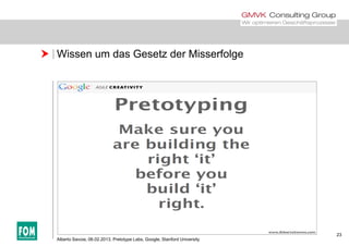 Wissen um das Gesetz der Misserfolge
23
Alberto Savoia, 06.02.2013, Pretotype Labs, Google, Stanford University
 