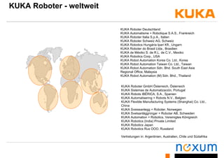 KUKA Roboter - weltweit
KUKA Roboter Deutschland
KUKA Automatisme + Robotique S.A.S., Frankreich
KUKA Roboter Italia S.p.A., Italien
KUKA Roboter Schweiz AG, Schweiz
KUKA Robotics Hungária Ipari Kft., Ungarn
KUKA Roboter do Brasil Ltda., Brasilien
KUKA de Méxiko S de R L de C V MexikoKUKA de Méxiko S. de R.L. de C.V., Mexiko
KUKA Robotics Corp., USA
KUKA Robot Automation Korea Co. Ltd., Korea
KUKA Robot Automation Taiwan Co. Ltd., Taiwan
KUKA Robot Automation Sdn. Bhd. South East Asia
Regional Office, Malaysia
KUKA Robot Automation (M) Sdn. Bhd., Thailand
KUKA Roboter GmbH Österreich, Österreich,
KUKA Sistemas de Automatización, Portugal
KUKA Robots IBÉRICA, S.A., Spanien
KUKA Automatisering + Robots N.V., Belgien
KUKA Flexible Manufacturing Systems (Shanghai) Co. Ltd.,
ChinaChina
KUKA Sveiseanlegg + Roboter, Norwegen
KUKA Svetsanläggningar + Robotar AB, Schweden
KUKA Automation + Robotics, Vereinigtes Königreich
KUKA Robotics (India) Private Limited( )
KUKA Robotics Japan
KUKA Robotics Rus OOO, Russland
Vertretungen in: Argentinien, Australien, Chile und Südafrika
 