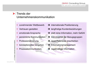  Trends der Trends der
Unternehmenskommunikation
 zunehmender Wettbewerb  internationale Positionierung
V t t lt  l f i ti K d b i h Vertrauen gestalten  langfristige Kundenbeziehungen
 emotionale Ansprache  statt reine Information, mehr Gefühl
 persönliche Kommunikation  Individualität der Bezugsgruppen
 Professionalisierung  neue Potenziale erschließen
kation
 konzeptionelles Vorgehen  Informationsmanagement
 Prozesskommunikation  regelmäßige Information
menskommunik
g g
erbst:Unterneh
www.gmvk.de 17
D.He
 