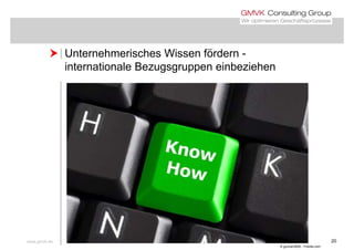  Unternehmerisches Wissen fördern - Unternehmerisches Wissen fördern
internationale Bezugsgruppen einbeziehen
www.gmvk.de 20
© gunnar3000 - Fotolia.com
 