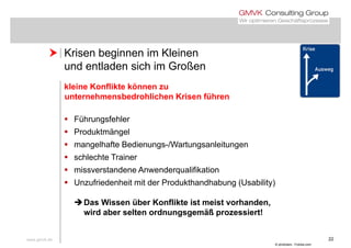  Krisen beginnen im Kleinen Krisen beginnen im Kleinen
und entladen sich im Großen
kleine Konflikte können zu
unternehmensbedrohlichen Krisen führen
 Führungsfehler
 Produktmängel
 mangelhafte Bedienungs-/Wartungsanleitungen
 schlechte Trainer
 missverstandene Anwenderqualifikation
 Unzufriedenheit mit der Produkthandhabung (Usability)
Das Wissen über Konflikte ist meist vorhanden,
wird aber selten ordnungsgemäß prozessiert!
www.gmvk.de 22
© photolars - Fotolia.com
 