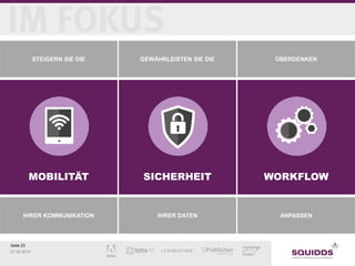Seite 23
07.06.2015
MOBILITÄT SICHERHEIT WORKFLOW
IHRER KOMMUNIKATION
STEIGERN SIE DIE GEWÄHRLEISTEN SIE DIE ÜBERDENKEN
IHRER DATEN ANPASSEN
 