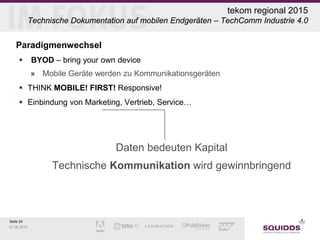 Seite 24
07.06.2015
tekom regional 2015
Technische Dokumentation auf mobilen Endgeräten – TechComm Industrie 4.0
Paradigmenwechsel
 BYOD – bring your own device
» Mobile Geräte werden zu Kommunikationsgeräten
 THINK MOBILE! FIRST! Responsive!
 Einbindung von Marketing, Vertrieb, Service…
Daten bedeuten Kapital
Technische Kommunikation wird gewinnbringend
 