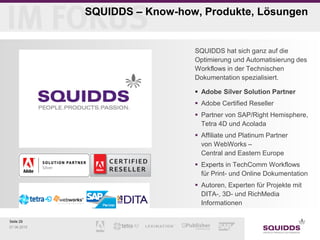 Seite 29
07.06.2015
SQUIDDS – Know-how, Produkte, Lösungen
SQUIDDS hat sich ganz auf die
Optimierung und Automatisierung des
Workflows in der Technischen
Dokumentation spezialisiert.
 Adobe Silver Solution Partner
 Adobe Certified Reseller
 Partner von SAP/Right Hemisphere,
Tetra 4D und Acolada
 Affiliate und Platinum Partner
von WebWorks –
Central and Eastern Europe
 Experts in TechComm Workflows
für Print- und Online Dokumentation
 Autoren, Experten für Projekte mit
DITA-, 3D- und RichMedia
Informationen
 