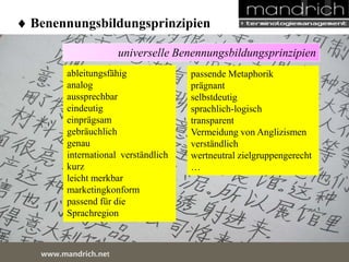  Benennungsbildungsprinzipien 
universelle Benennungsbildungsprinzipien 
ableitungsfähig 
analog 
aussprechbar 
eindeutig 
einprägsam 
gebräuchlich 
genau 
international verständlich 
kurz 
leicht merkbar 
marketingkonform 
passend für die 
Sprachregion 
wDwowcu.mmanednritc hS.neertvice Center 
passende Metaphorik 
prägnant 
selbstdeutig 
sprachlich-logisch 
transparent 
Vermeidung von Anglizismen 
verständlich 
wertneutral zielgruppengerecht 
… 
 