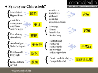  Synonyme Chinesisch? 
Schlafmittel 
Hypnotikum 
einrichten 
arrangieren 
anordnen 
unterbringen 
Anschnallgurt 
Sicherheitsgurt 
{ 
安排 
wDwowcu.mmanednritc hS.neertvice Center 
montieren 
installieren 
einbauen 
aufrüsten 
zusammenbauen 
Montage 
Einbau 
Installation 
Aufstellung 
Halbfabrikat 
Halbzeug 
Halbzeugnis 
halbfertiges 
Urheberrecht Industrieprodukt 
Copyright 
Textgestaltung 
Layout 
Getriebeschalthebel 
Gangschalthebel 
Einrichtung 
Anordnung 
{ 
{ 
{ 
{ 
{ 
{ 
{ 
{ 
{ 
眠药 
安排 
安全带 
版权 
版面 
安装 
安装 
半成品 
变速操纵根 
 