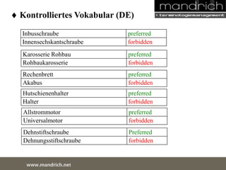  Kontrolliertes Vokabular (DE) 
Inbusschraube preferred 
Innensechskantschraube forbidden 
Karosserie Rohbau preferred 
R...