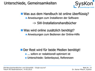 SW-Benutzerhandbücher und Onlinehilfe – Single source?
Tekom RG Bodenseeraum, 14.05.2013
Blatt Nr. 14
Dr. Rainer Pflaum, SysKon
Unterschiede, GemeinsamkeitenUnterschiede, Gemeinsamkeiten
Was aus dem Handbuch ist onlineWas aus dem Handbuch ist online üüberflberflüüssig?ssig?
Anweisungen zum Installieren der SoftwareAnweisungen zum Installieren der Software
Was wird online zusWas wird online zusäätzlich bentzlich benöötigt?tigt?
Anweisungen zum Bedienen der OnlineAnweisungen zum Bedienen der Online--HilfeHilfe
--> SW> SW--InstallationshandbInstallationshandbüüchercher
Der Rest wird fDer Rest wird füür beide Medien benr beide Medien benöötigt!tigt!
... sofern er redaktionell optimiert ist... sofern er redaktionell optimiert ist
Unterschiede: Seitenlayout, ReferenzenUnterschiede: Seitenlayout, Referenzen
 