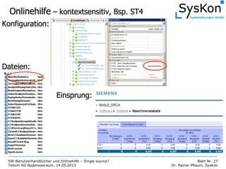 SW-Benutzerhandbücher und Onlinehilfe – Single source?
Tekom RG Bodenseeraum, 14.05.2013
Blatt Nr. 27
Dr. Rainer Pflaum, SysKon
OnlinehilfeOnlinehilfe –– kontextsensitiv, Bsp. ST4kontextsensitiv, Bsp. ST4
Konfiguration:Konfiguration:
Dateien:Dateien:
Einsprung:Einsprung:
 