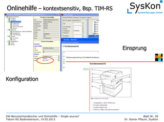 SW-Benutzerhandbücher und Onlinehilfe – Single source?
Tekom RG Bodenseeraum, 14.05.2013
Blatt Nr. 28
Dr. Rainer Pflaum, SysKon
OnlinehilfeOnlinehilfe –– kontextsensitiv, Bsp. TIMkontextsensitiv, Bsp. TIM--RSRS
EinsprungEinsprung
KonfigurationKonfiguration
 