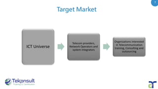 7
Target Market
ICT Universe
Telecom providers,
Network Operators and
system integrators
Organizations interested
in Telecommunication
training, Consulting and
outsourcing
 