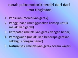 ranah psikomotorik terdiri dari dari
lima tingkatan
1. Peniruan (menirukan gerak)
2. Penggunaan (menggunakan konsep untuk
melakukan gerak)
3. Ketepatan (melakukan gerak dengan benar)
4. Perangkaian (melakukan beberapa gerakan
sekaligus dengan benar)
5. Naturalisasi (melakukan gerak secara wajar)
 