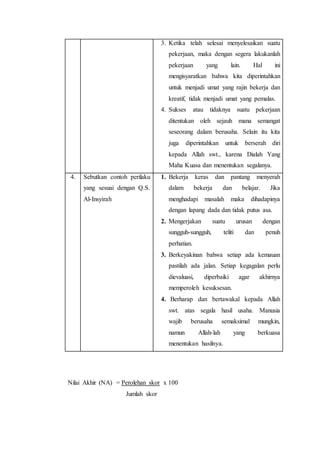 3. Ketika telah selesai menyelesaikan suatu
pekerjaan, maka dengan segera lakukanlah
pekerjaan yang lain. Hal ini
mengisyaratkan bahwa kita diperintahkan
untuk menjadi umat yang rajin bekerja dan
kreatif, tidak menjadi umat yang pemalas.
4. Sukses atau tidaknya suatu pekerjaan
ditentukan oleh sejauh mana semangat
seseorang dalam berusaha. Selain itu kita
juga diperintahkan untuk berserah diri
kepada Allah swt., karena Dialah Yang
Maha Kuasa dan menentukan segalanya.
4. Sebutkan contoh perilaku
yang sesuai dengan Q.S.
Al-Insyirah
1. Bekerja keras dan pantang menyerah
dalam bekerja dan belajar. Jika
menghadapi masalah maka dihadapinya
dengan lapang dada dan tidak putus asa.
2. Mengerjakan suatu urusan dengan
sungguh-sungguh, teliti dan penuh
perhatian.
3. Berkeyakinan bahwa setiap ada kemauan
pastilah ada jalan. Setiap kegagalan perlu
dievaluasi, diperbaiki agar akhirnya
memperoleh kesuksesan.
4. Berharap dan bertawakal kepada Allah
swt. atas segala hasil usaha. Manusia
wajib berusaha semaksimal mungkin,
namun Allah-lah yang berkuasa
menentukan hasilnya.
Nilai Akhir (NA) = Perolehan skor x 100
Jumlah skor
 