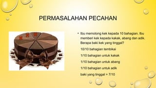 PERMASALAHAN PECAHAN
• Ibu memotong kek kepada 10 bahagian. Ibu
memberi kek kepada kakak, abang dan adik.
Berapa baki kek yang tinggal?
10/10 bahagian tembikai
1/10 bahagian untuk kakak
1/10 bahagian untuk abang
1/10 bahagian untuk adik
baki yang tinggal = 7/10
 