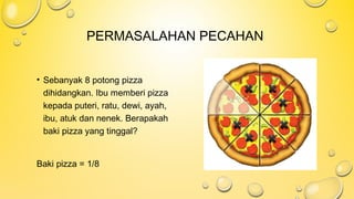 PERMASALAHAN PECAHAN
• Sebanyak 8 potong pizza
dihidangkan. Ibu memberi pizza
kepada puteri, ratu, dewi, ayah,
ibu, atuk dan nenek. Berapakah
baki pizza yang tinggal?
Baki pizza = 1/8
 