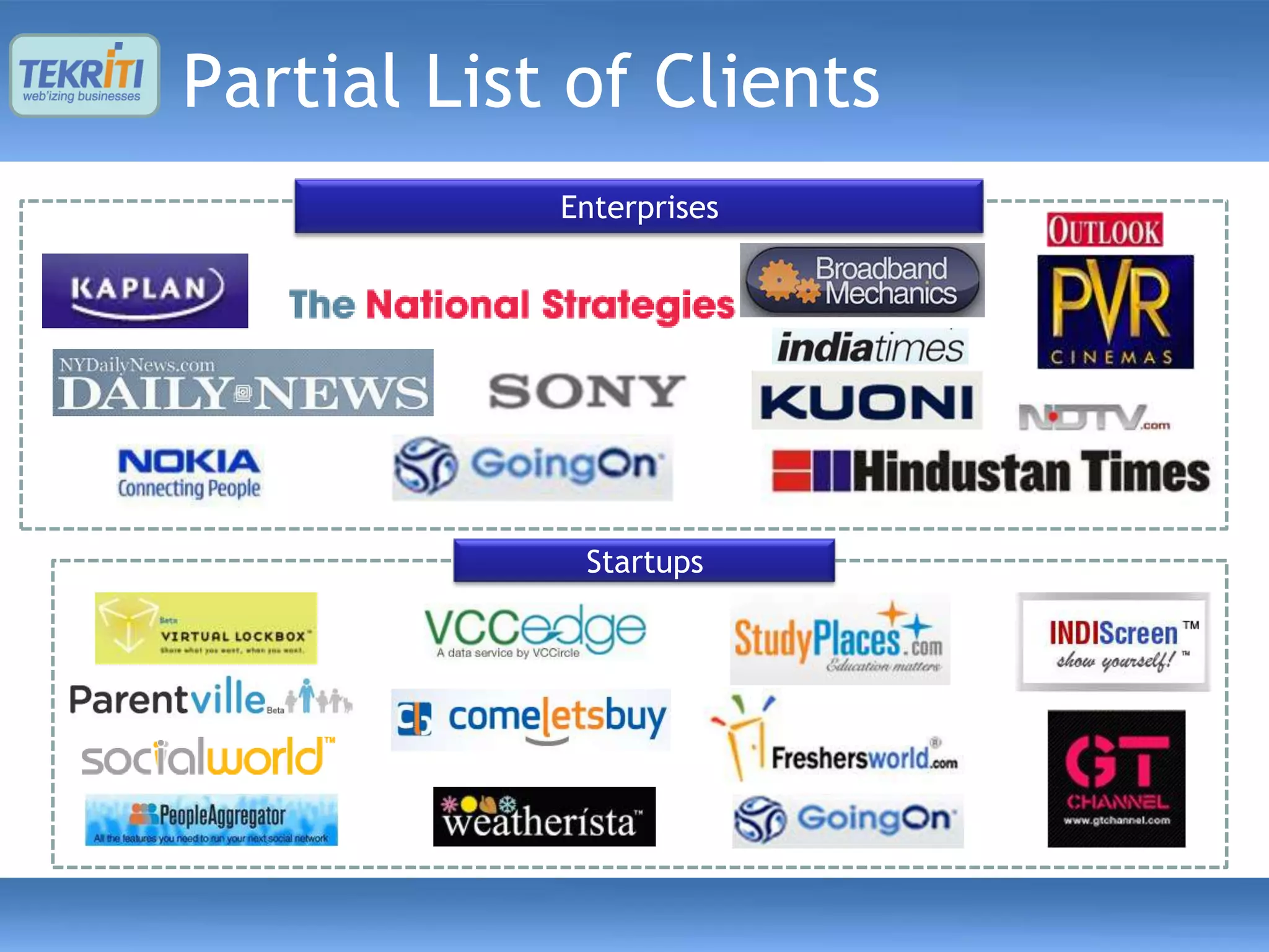 Partial List of Clients
            Enterprises




             Startups
 