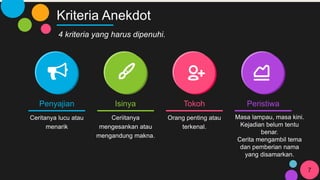Kriteria Anekdot
4 kriteria yang harus dipenuhi.
Penyajian
Ceritanya lucu atau
menarik
Isinya
Ceriitanya
mengesankan atau
mengandung makna.
Tokoh
Orang penting atau
terkenal.
Peristiwa
Masa lampau, masa kini.
Kejadian belum tentu
benar.
Cerita mengambil tema
dan pemberian nama
yang disamarkan.
7
 