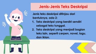 Jenis-Jenis Teks Deskripsi
Jenis teks deskripsi ditinjau dari
bentuknya, ada 2:
1. Teks deskripsi yang berdiri sendiri
sebagai teks tunggal.
2. Teks deskripsi yang menjadi bagian
teks lain, seperti cerpen, novel, lagu,
dan iklan.
 