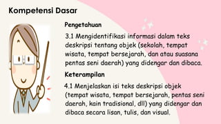 Pengetahuan
3.1 Mengidentifikasi informasi dalam teks
deskripsi tentang objek (sekolah, tempat
wisata, tempat bersejarah, dan atau suasana
pentas seni daerah) yang didengar dan dibaca.
Keterampilan
4.1 Menjelaskan isi teks deskripsi objek
(tempat wisata, tempat bersejarah, pentas seni
daerah, kain tradisional, dll) yang didengar dan
dibaca secara lisan, tulis, dan visual.
Kompetensi Dasar
 