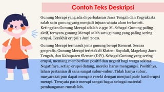 Contoh Teks Deskripsi
Gunung Merapi yang ada di perbatasan Jawa Tengah dan Yogyakarta
salah satu gunung yang menjadi tujuan wisata alam terfavorit.
Ketinggian Gunung Merapi adalah 2.930 M. Sebagai Gunung paling
aktif, ternyata gunung Merapi salah satu gunung yang paling sering
erupsi. Terakhir erupsi 1 Juni 2020.
Gunung Merapi termasuk jenis gunung berapi Kerucut. Secara
geografis, Gunung Merapi terletak di Klaten; Boyolali, Magelang Jawa
Tengah, dan Kabupaten Sleman (DIY). Sebagai Gunung yang sering
erupsi, memang memberikan positif dan negatif bagi warga sekitar.
Negatifnya, setiap erupsi datang, mereka harus mengungsi. Positifnya,
lahan pertanian di sana sangat subur-subur. Tidak hanya subur,
masyarakat pun dapat mengais rezeki dengan menjual pasir hasil erupsi
merapi. Ternyata pasir merapi sangat bagus sebagai material
pembangunan rumah loh.
 
