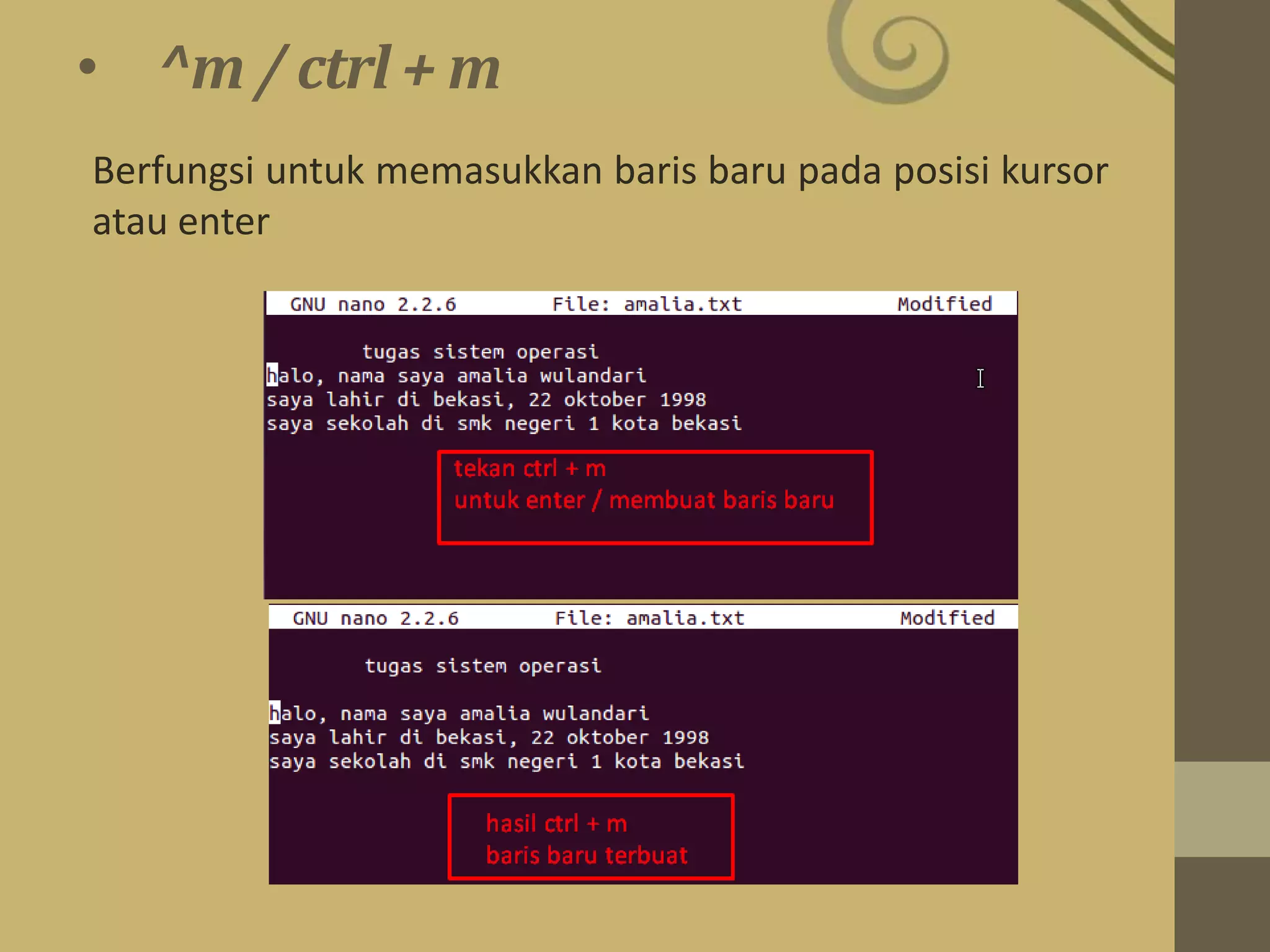 • ^m / ctrl + m
Berfungsi untuk memasukkan baris baru pada posisi kursor
atau enter
 