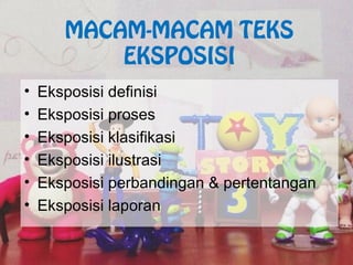 MACAM-MACAM TEKS
EKSPOSISI
• Eksposisi definisi
• Eksposisi proses
• Eksposisi klasifikasi
• Eksposisi ilustrasi
• Eksposisi perbandingan & pertentangan
• Eksposisi laporan
 