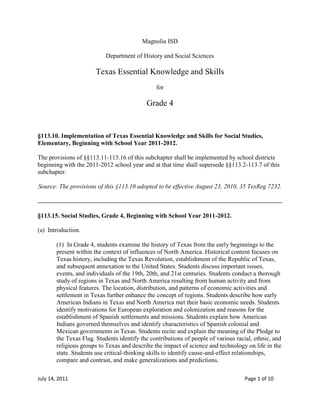 Magnolia ISD<br />Department of History and Social Sciences<br />Texas Essential Knowledge and Skills<br />for<br />Grade 4<br />§113.10. Implementation of Texas Essential Knowledge and Skills for Social Studies, Elementary, Beginning with School Year 2011-2012.<br />The provisions of §§113.11-113.16 of this subchapter shall be implemented by school districts beginning with the 2011-2012 school year and at that time shall supersede §§113.2-113.7 of this subchapter.<br />Source: The provisions of this §113.10 adopted to be effective August 23, 2010, 35 TexReg 7232.<br />§113.15. Social Studies, Grade 4, Beginning with School Year 2011-2012.<br />(a)  Introduction.<br />(1)  In Grade 4, students examine the history of Texas from the early beginnings to the present within the context of influences of North America. Historical content focuses on Texas history, including the Texas Revolution, establishment of the Republic of Texas, and subsequent annexation to the United States. Students discuss important issues, events, and individuals of the 19th, 20th, and 21st centuries. Students conduct a thorough study of regions in Texas and North America resulting from human activity and from physical features. The location, distribution, and patterns of economic activities and settlement in Texas further enhance the concept of regions. Students describe how early American Indians in Texas and North America met their basic economic needs. Students identify motivations for European exploration and colonization and reasons for the establishment of Spanish settlements and missions. Students explain how American Indians governed themselves and identify characteristics of Spanish colonial and Mexican governments in Texas. Students recite and explain the meaning of the Pledge to the Texas Flag. Students identify the contributions of people of various racial, ethnic, and religious groups to Texas and describe the impact of science and technology on life in the state. Students use critical-thinking skills to identify cause-and-effect relationships, compare and contrast, and make generalizations and predictions.<br />(2)  To support the teaching of the essential knowledge and skills, the use of a variety of rich primary and secondary source material such as documents, biographies, novels, speeches, letters, poetry, songs, and artworks is encouraged. Where appropriate, local topics should be included. Motivating resources are available from museums, historical sites, presidential libraries, and local and state preservation societies.<br />(3)  The eight strands of the essential knowledge and skills for social studies are intended to be integrated for instructional purposes. Skills listed in the social studies skills strand in subsection (b) of this section should be incorporated into the teaching of all essential knowledge and skills for social studies. A greater depth of understanding of complex content material can be attained when integrated social studies content from the various disciplines and critical-thinking skills are taught together. Statements that contain the word quot;
includingquot;
 reference content that must be mastered, while those containing the phrase quot;
such asquot;
 are intended as possible illustrative examples.<br />(4)  Students identify the role of the U.S. free enterprise system within the parameters of this course and understand that this system may also be referenced as capitalism or the free market system.<br />(5)  Throughout social studies in Kindergarten-Grade 12, students build a foundation in history; geography; economics; government; citizenship; culture; science, technology, and society; and social studies skills. The content, as appropriate for the grade level or course, enables students to understand the importance of patriotism, function in a free enterprise society, and appreciate the basic democratic values of our state and nation as referenced in the Texas Education Code (TEC), §28.002(h).<br />(6)  Students understand that a constitutional republic is a representative form of government whose representatives derive their authority from the consent of the governed, serve for an established tenure, and are sworn to uphold the constitution.<br />(7)  State and federal laws mandate a variety of celebrations and observances, including Celebrate Freedom Week.<br />(A)  Each social studies class shall include, during Celebrate Freedom Week as provided under the TEC, §29.907, or during another full school week as determined by the board of trustees of a school district, appropriate instruction concerning the intent, meaning, and importance of the Declaration of Independence and the U.S. Constitution, including the Bill of Rights, in their historical contexts. The study of the Declaration of Independence must include the study of the relationship of the ideas expressed in that document to subsequent American history, including the relationship of its ideas to the rich diversity of our people as a nation of immigrants, the American Revolution, the formulation of the U.S. Constitution, and the abolitionist movement, which led to the Emancipation Proclamation and the women's suffrage movement.<br />(B)  Each school district shall require that, during Celebrate Freedom Week or other week of instruction prescribed under subparagraph (A) of this paragraph, students in Grades 3-12 study and recite the following text: quot;
We hold these Truths to be self-evident, that all Men are created equal, that they are endowed by their Creator with certain unalienable Rights, that among these are Life, Liberty and the Pursuit of Happiness--That to secure these Rights, Governments are instituted among Men, deriving their just Powers from the Consent of the Governed.quot;
<br />(8)  Students identify and discuss how the actions of U.S. citizens and the local, state, and federal governments have either met or failed to meet the ideals espoused in the founding documents.<br />(b)  Knowledge and skills.<br />(1)  History. The student understands the origins, similarities, and differences of American Indian groups in Texas and North America before European exploration. The student is expected to:<br />(A)  explain the possible origins of American Indian groups in Texas and North America;<br />(B)  identify American Indian groups in Texas and North America before European exploration such as the Lipan Apache, Karankawa, Caddo, and Jumano;<br />(C)  describe the regions in which American Indians lived and identify American Indian groups remaining in Texas such as the Ysleta Del Sur Pueblo, Alabama-Coushatta, and Kickapoo; and<br />(D)  compare the ways of life of American Indian groups in Texas and North America before European exploration.<br />(2)  History. The student understands the causes and effects of European exploration and colonization of Texas and North America. The student is expected to:<br />(A)  summarize motivations for European exploration and settlement of Texas, including economic opportunity, competition, and the desire for expansion;<br />(B)  identify the accomplishments and explain the impact of significant explorers, including Cabeza de Vaca; Francisco Coronado; and René Robert Cavelier, Sieur de la Salle, on the settlement of Texas;<br />(C)  explain when, where, and why the Spanish established settlements and Catholic missions in Texas as well as important individuals such as José de Escandón;<br />(D)  identify Texas' role in the Mexican War of Independence and the war's impact on the development of Texas; and<br />(E)  identify the accomplishments and explain the economic motivations and impact of significant empresarios, including Stephen F. Austin and Martín de León, on the settlement of Texas.<br />(3)  History. The student understands the importance of the Texas Revolution, the Republic of Texas, and the annexation of Texas to the United States. The student is expected to:<br />(A)  analyze the causes, major events, and effects of the Texas Revolution, including the Battle of the Alamo, the Texas Declaration of Independence, the Runaway Scrape, and the Battle of San Jacinto;<br />(B)  summarize the significant contributions of individuals such as Texians William B. Travis, James Bowie, David Crockett, George Childress, and Sidney Sherman; Tejanos Juan Antonio Padilla, Carlos Espalier, Juan N. Seguín, Plácido Benavides, and José Francisco Ruiz; Mexicans Antonio López de Santa Anna and Vicente Filisola; and non-combatants Susanna Dickinson and Enrique Esparza;<br />(C)  identify leaders important to the founding of Texas as a republic and state, including José Antonio Navarro, Sam Houston, Mirabeau Lamar, and Anson Jones;<br />(D)  describe the successes, problems, and organizations of the Republic of Texas such as the establishment of a constitution, economic struggles, relations with American Indians, and the Texas Rangers; and<br />(E)  explain the events that led to the annexation of Texas to the United States, including the impact of the U.S.-Mexican War.<br />(4)  History. The student understands the political, economic, and social changes in Texas during the last half of the 19th century. The student is expected to:<br />(A)  describe the impact of the Civil War and Reconstruction on Texas;<br />(B)  explain the growth, development, and impact of the cattle industry, including contributions made by Charles Goodnight, Richard King, and Lizzie Johnson;<br />(C)  identify the impact of railroads on life in Texas, including changes to cities and major industries; and<br />(D)  examine the effects upon American Indian life resulting from changes in Texas, including the Red River War, building of U.S. forts and railroads, and loss of buffalo.<br />(5)  History. The student understands important issues, events, and individuals of the 20th century in Texas. The student is expected to:<br />(A)  identify the impact of various issues and events on life in Texas such as urbanization, increased use of oil and gas, the Great Depression, the Dust Bowl, and World War II;<br />(B)  explain the development and impact of the oil and gas industry upon industrialization and urbanization in Texas, including important places and people such as Spindletop and Pattillo Higgins; and<br />(C)  identify the accomplishments of notable individuals such as John Tower, Scott Joplin, Audie Murphy, Cleto Rodríguez, Stanley Marcus, Bessie Coleman, Raul A. Gonzalez Jr., and other local notable individuals.<br />(6)  Geography. The student uses geographic tools to collect, analyze, and interpret data. The student is expected to:<br />(A)  apply geographic tools, including grid systems, legends, symbols, scales, and compass roses, to construct and interpret maps; and<br />(B)  translate geographic data, population distribution, and natural resources into a variety of formats such as graphs and maps.<br />(7)  Geography. The student understands the concept of regions. The student is expected to:<br />(A)  describe a variety of regions in Texas and the United States such as political, population, and economic regions that result from patterns of human activity;<br />(B)  identify, locate, and compare the geographic regions of Texas (Mountains and Basins, Great Plains, North Central Plains, Coastal Plains), including their landforms, climate, and vegetation; and<br />(C)  compare the geographic regions of Texas (Mountains and Basins, Great Plains, North Central Plains, Coastal Plains) with regions of the United States and other parts of the world.<br />(8)  Geography. The student understands the location and patterns of settlement and the geographic factors that influence where people live. The student is expected to:<br />(A)  identify and explain clusters and patterns of settlement in Texas at different time periods such as prior to the Texas Revolution, after the building of the railroads, and following World War II;<br />(B)  describe and explain the location and distribution of various towns and cities in Texas, past and present; and<br />(C)  explain the geographic factors such as landforms and climate that influence patterns of settlement and the distribution of population in Texas, past and present.<br />(9)  Geography. The student understands how people adapt to and modify their environment. The student is expected to:<br />(A)  describe ways people have adapted to and modified their environment in Texas, past and present, such as timber clearing, agricultural production, wetlands drainage, energy production, and construction of dams;<br />(B)  identify reasons why people have adapted to and modified their environment in Texas, past and present, such as the use of natural resources to meet basic needs, facilitate transportation, and enhance recreational activities; and<br />(C)  compare the positive and negative consequences of human modification of the environment in Texas, past and present, both governmental and private, such as economic development and the impact on habitats and wildlife as well as air and water quality.<br />(10)  Economics. The student understands the basic economic activities of early societies in Texas and North America. The student is expected to:<br />(A)  explain the economic activities various early American Indian groups in Texas and North America used to meet their needs and wants such as farming, trading, and hunting; and<br />(B)  explain the economic activities early immigrants to Texas used to meet their needs and wants.<br />(11)  Economics. The student understands the characteristics and benefits of the free enterprise system in Texas. The student is expected to:<br />(A)  describe the development of the free enterprise system in Texas;<br />(B)  describe how the free enterprise system works, including supply and demand; and<br />(C)  give examples of the benefits of the free enterprise system such as choice and opportunity.<br />(12)  Economics. The student understands patterns of work and economic activities in Texas. The student is expected to:<br />(A)  explain how people in different regions of Texas earn their living, past and present, through a subsistence economy and providing goods and services;<br />(B)  explain how geographic factors such as climate, transportation, and natural resources have influenced the location of economic activities in Texas;<br />(C)  analyze the effects of exploration, immigration, migration, and limited resources on the economic development and growth of Texas;<br />(D)  describe the impact of mass production, specialization, and division of labor on the economic growth of Texas;<br />(E)  explain how developments in transportation and communication have influenced economic activities in Texas; and<br />(F)  explain the impact of American ideas about progress and equality of opportunity on the economic development and growth of Texas.<br />(13)  Economics. The student understands how Texas, the United States, and other parts of the world are economically interdependent. The student is expected to:<br />(A)  identify ways in which technological changes in areas such as transportation and communication have resulted in increased interdependence among Texas, the United States, and the world;<br />(B)  identify oil and gas, agricultural, and technological products of Texas that are purchased to meet needs in the United States and around the world; and<br />(C)  explain how Texans meet some of their needs through the purchase of products from the United States and the rest of the world.<br />(14)  Government. The student understands how people organized governments in different ways during the early development of Texas. The student is expected to:<br />(A)  compare how various American Indian groups such as the Caddo and the Comanche governed themselves; and<br />(B)  identify and compare characteristics of the Spanish colonial government and the early Mexican governments and their influence on inhabitants of Texas.<br />(15)  Government. The student understands important ideas in historical documents of Texas and the United States. The student is expected to:<br />(A)  identify the purposes and explain the importance of the Texas Declaration of Independence, the Texas Constitution, and other documents such as the Meusebach-Comanche Treaty;<br />(B)  identify and explain the basic functions of the three branches of government according to the Texas Constitution; and<br />(C)  identify the intent, meaning, and importance of the Declaration of Independence, the U.S. Constitution, and the Bill of Rights (Celebrate Freedom Week).<br />(16)  Citizenship. The student understands important customs, symbols, and celebrations of Texas. The student is expected to:<br />(A)  explain the meaning of various patriotic symbols and landmarks of Texas, including the six flags that flew over Texas, the San Jacinto Monument, the Alamo, and various missions;<br />(B)  sing or recite quot;
Texas, Our Texasquot;
;<br />(C)  recite and explain the meaning of the Pledge to the Texas Flag; and<br />(D)  describe the origins and significance of state celebrations such as Texas Independence Day and Juneteenth.<br />(17)  Citizenship. The student understands the importance of active individual participation in the democratic process. The student is expected to:<br />(A)  identify important individuals who have participated voluntarily in civic affairs at state and local levels such as Adina de Zavala and Clara Driscoll;<br />(B)  explain how individuals can participate voluntarily in civic affairs at state and local levels through activities such as holding public officials to their word, writing letters, and participating in historic preservation and service projects;<br />(C)  explain the duty of the individual in state and local elections such as being informed and voting;<br />(D)  identify the importance of historical figures and important individuals who modeled active participation in the democratic process such as Sam Houston, Barbara Jordan, Lorenzo de Zavala, Ann Richards, Sam Rayburn, Henry B. González, James A. Baker III, Wallace Jefferson, and other local individuals; and<br />(E)  explain how to contact elected and appointed leaders in state and local governments.<br />(18)  Citizenship. The student understands the importance of effective leadership in a constitutional republic. The student is expected to:<br />(A)  identify leaders in state, local, and national governments, including the governor, local members of the Texas Legislature, the local mayor, U.S. senators, local U.S. representatives, and Texans who have been president of the United States; and<br />(B)  identify leadership qualities of state and local leaders, past and present.<br />(19)  Culture. The student understands the contributions of people of various racial, ethnic, and religious groups to Texas. The student is expected to:<br />(A)  identify the similarities and differences among various racial, ethnic, and religious groups in Texas;<br />(B)  identify customs, celebrations, and traditions of various cultural, regional, and local groups in Texas such as Cinco de Mayo, Oktoberfest, the Strawberry Festival, and Fiesta San Antonio; and<br />(C)  summarize the contributions of people of various racial, ethnic, and religious groups in the development of Texas such as Lydia Mendoza, Chelo Silva, and Julius Lorenzo Cobb Bledsoe.<br />(20)  Science, technology, and society. The student understands the impact of science and technology on life in Texas. The student is expected to:<br />(A)  identify famous inventors and scientists such as Gail Borden, Joseph Glidden, Michael DeBakey, and Millie Hughes-Fulford and their contributions;<br />(B)  describe how scientific discoveries and innovations such as in aerospace, agriculture, energy, and technology have benefited individuals, businesses, and society in Texas; and<br />(C)  predict how future scientific discoveries and technological innovations might affect life in Texas.<br />(21)  Social studies skills. The student applies critical-thinking skills to organize and use information acquired from a variety of valid sources, including electronic technology. The student is expected to:<br />(A)  differentiate between, locate, and use valid primary and secondary sources such as computer software; interviews; biographies; oral, print, and visual material; documents; and artifacts to acquire information about the United States and Texas;<br />(B)  analyze information by sequencing, categorizing, identifying cause-and-effect relationships, comparing, contrasting, finding the main idea, summarizing, making generalizations and predictions, and drawing inferences and conclusions;<br />(C)  organize and interpret information in outlines, reports, databases, and visuals, including graphs, charts, timelines, and maps;<br />(D)  identify different points of view about an issue, topic, historical event, or current event; and<br />(E)  use appropriate mathematical skills to interpret social studies information such as maps and graphs.<br />(22)  Social studies skills. The student communicates in written, oral, and visual forms. The student is expected to:<br />(A)  use social studies terminology correctly;<br />(B)  incorporate main and supporting ideas in verbal and written communication;<br />(C)  express ideas orally based on research and experiences;<br />(D)  create written and visual material such as journal entries, reports, graphic organizers, outlines, and bibliographies; and<br />(E)  use standard grammar, spelling, sentence structure, and punctuation.<br />(23)  Social studies skills. The student uses problem-solving and decision-making skills, working independently and with others, in a variety of settings. The student is expected to:<br />(A)  use a problem-solving process to identify a problem, gather information, list and consider options, consider advantages and disadvantages, choose and implement a solution, and evaluate the effectiveness of the solution; and<br />(B)  use a decision-making process to identify a situation that requires a decision, gather information, identify options, predict consequences, and take action to implement a decision.<br />Source: The provisions of this §113.15 adopted to be effective August 23, 2010, 35 TexReg 7232.<br />