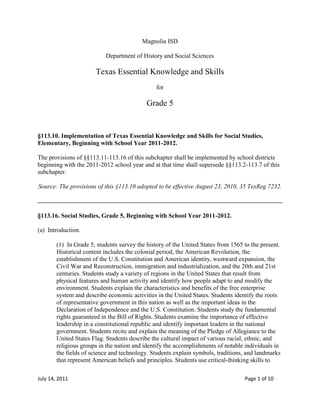 Magnolia ISD<br />Department of History and Social Sciences<br />Texas Essential Knowledge and Skills<br />for<br />Grade 5<br />§113.10. Implementation of Texas Essential Knowledge and Skills for Social Studies, Elementary, Beginning with School Year 2011-2012.<br />The provisions of §§113.11-113.16 of this subchapter shall be implemented by school districts beginning with the 2011-2012 school year and at that time shall supersede §§113.2-113.7 of this subchapter.<br />Source: The provisions of this §113.10 adopted to be effective August 23, 2010, 35 TexReg 7232.<br />§113.16. Social Studies, Grade 5, Beginning with School Year 2011-2012.<br />(a)  Introduction.<br />(1)  In Grade 5, students survey the history of the United States from 1565 to the present. Historical content includes the colonial period, the American Revolution, the establishment of the U.S. Constitution and American identity, westward expansion, the Civil War and Reconstruction, immigration and industrialization, and the 20th and 21st centuries. Students study a variety of regions in the United States that result from physical features and human activity and identify how people adapt to and modify the environment. Students explain the characteristics and benefits of the free enterprise system and describe economic activities in the United States. Students identify the roots of representative government in this nation as well as the important ideas in the Declaration of Independence and the U.S. Constitution. Students study the fundamental rights guaranteed in the Bill of Rights. Students examine the importance of effective leadership in a constitutional republic and identify important leaders in the national government. Students recite and explain the meaning of the Pledge of Allegiance to the United States Flag. Students describe the cultural impact of various racial, ethnic, and religious groups in the nation and identify the accomplishments of notable individuals in the fields of science and technology. Students explain symbols, traditions, and landmarks that represent American beliefs and principles. Students use critical-thinking skills to sequence, categorize, and summarize information and to draw inferences and conclusions.<br />(2)  To support the teaching of the essential knowledge and skills, the use of a variety of rich primary and secondary source material such as documents, biographies, novels, speeches, letters, poetry, songs, and artworks is encouraged. Motivating resources are available from museums, historical sites, presidential libraries, and local and state preservation societies.<br />(3)  The eight strands of the essential knowledge and skills for social studies are intended to be integrated for instructional purposes. Skills listed in the social studies skills strand in subsection (b) of this section should be incorporated into the teaching of all essential knowledge and skills for social studies. A greater depth of understanding of complex content material can be attained when integrated social studies content from the various disciplines and critical-thinking skills are taught together. Statements that contain the word quot;
includingquot;
 reference content that must be mastered, while those containing the phrase quot;
such asquot;
 are intended as possible illustrative examples.<br />(4)  Students identify the role of the U.S. free enterprise system within the parameters of this course and understand that this system may also be referenced as capitalism or the free market system.<br />(5)  Throughout social studies in Kindergarten-Grade 12, students build a foundation in history; geography; economics; government; citizenship; culture; science, technology, and society; and social studies skills. The content, as appropriate for the grade level or course, enables students to understand the importance of patriotism, function in a free enterprise society, and appreciate the basic democratic values of our state and nation as referenced in the Texas Education Code (TEC), §28.002(h).<br />(6)  Students understand that a constitutional republic is a representative form of government whose representatives derive their authority from the consent of the governed, serve for an established tenure, and are sworn to uphold the constitution.<br />(7)  State and federal laws mandate a variety of celebrations and observances, including Celebrate Freedom Week.<br />(A)  Each social studies class shall include, during Celebrate Freedom Week as provided under the TEC, §29.907, or during another full school week as determined by the board of trustees of a school district, appropriate instruction concerning the intent, meaning, and importance of the Declaration of Independence and the U.S. Constitution, including the Bill of Rights, in their historical contexts. The study of the Declaration of Independence must include the study of the relationship of the ideas expressed in that document to subsequent American history, including the relationship of its ideas to the rich diversity of our people as a nation of immigrants, the American Revolution, the formulation of the U.S. Constitution, and the abolitionist movement, which led to the Emancipation Proclamation and the women's suffrage movement.<br />(B)  Each school district shall require that, during Celebrate Freedom Week or other week of instruction prescribed under subparagraph (A) of this paragraph, students in Grades 3-12 study and recite the following text: quot;
We hold these Truths to be self-evident, that all Men are created equal, that they are endowed by their Creator with certain unalienable Rights, that among these are Life, Liberty and the Pursuit of Happiness--That to secure these Rights, Governments are instituted among Men, deriving their just Powers from the Consent of the Governed.quot;
<br />(8)  Students identify and discuss how the actions of U.S. citizens and the local, state, and federal governments have either met or failed to meet the ideals espoused in the founding documents.<br />(b)  Knowledge and skills.<br />(1)  History. The student understands the causes and effects of European colonization in the United States beginning in 1565, the founding of St. Augustine. The student is expected to:<br />(A)  explain when, where, and why groups of people explored, colonized, and settled in the United States, including the search for religious freedom and economic gain; and<br />(B)  describe the accomplishments of significant individuals during the colonial period, including William Bradford, Anne Hutchinson, William Penn, John Smith, John Wise, and Roger Williams.<br />(2)  History. The student understands how conflict between the American colonies and Great Britain led to American independence. The student is expected to:<br />(A)  identify and analyze the causes and effects of events prior to and during the American Revolution, including the French and Indian War and the Boston Tea Party;<br />(B)  identify the Founding Fathers and Patriot heroes, including John Adams, Samuel Adams, Benjamin Franklin, Nathan Hale, Thomas Jefferson, the Sons of Liberty, and George Washington, and their motivations and contributions during the revolutionary period; and<br />(C)  summarize the results of the American Revolution, including the establishment of the United States and the development of the U.S. military.<br />(3)  History. The student understands the events that led from the Articles of Confederation to the creation of the U.S. Constitution and the government it established. The student is expected to:<br />(A)  identify the issues that led to the creation of the U.S. Constitution, including the weaknesses of the Articles of Confederation; and<br />(B)  identify the contributions of individuals, including James Madison, and others such as George Mason, Charles Pinckney, and Roger Sherman who helped create the U.S. Constitution.<br />(4)  History. The student understands political, economic, and social changes that occurred in the United States during the 19th century. The student is expected to:<br />(A)  describe the causes and effects of the War of 1812;<br />(B)  identify and explain how changes resulting from the Industrial Revolution led to conflict among sections of the United States;<br />(C)  identify reasons people moved west;<br />(D)  identify significant events and concepts associated with U.S. territorial expansion, including the Louisiana Purchase, the expedition of Lewis and Clark, and Manifest Destiny;<br />(E)  identify the causes of the Civil War, including sectionalism, states' rights, and slavery, and the effects of the Civil War, including Reconstruction and the 13th, 14th, and 15th amendments to the U.S. Constitution;<br />(F)  explain how industry and the mechanization of agriculture changed the American way of life; and<br />(G)  identify the challenges, opportunities, and contributions of people from various American Indian and immigrant groups.<br />(5)  History. The student understands important issues, events, and individuals in the United States during the 20th and 21st centuries. The student is expected to:<br />(A)  analyze various issues and events of the 20th century such as industrialization, urbanization, increased use of oil and gas, the Great Depression, the world wars, the civil rights movement, and military actions;<br />(B)  analyze various issues and events of the 21st century such as the War on Terror and the 2008 presidential election; and<br />(C)  identify the accomplishments of individuals and groups such as Jane Addams, Susan B. Anthony, Dwight Eisenhower, Martin Luther King Jr., Rosa Parks, Cesar Chavez, Franklin D. Roosevelt, Ronald Reagan, Colin Powell, the Tuskegee Airmen, and the 442nd Regimental Combat Team who have made contributions to society in the areas of civil rights, women's rights, military actions, and politics.<br />(6)  Geography. The student uses geographic tools to collect, analyze, and interpret data. The student is expected to:<br />(A)  apply geographic tools, including grid systems, legends, symbols, scales, and compass roses, to construct and interpret maps; and<br />(B)  translate geographic data into a variety of formats such as raw data to graphs and maps.<br />(7)  Geography. The student understands the concept of regions in the United States. The student is expected to:<br />(A)  describe a variety of regions in the United States such as political, population, and economic regions that result from patterns of human activity;<br />(B)  describe a variety of regions in the United States such as landform, climate, and vegetation regions that result from physical characteristics such as the Great Plains, Rocky Mountains, and Coastal Plains;<br />(C)  locate on a map important political features such as the ten largest urban areas in the United States, the 50 states and their capitals, and regions such as the Northeast, the Midwest, and the Southwest; and<br />(D)  locate on a map important physical features such as the Rocky Mountains, Mississippi River, and Great Plains.<br />(8)  Geography. The student understands the location and patterns of settlement and the geographic factors that influence where people live. The student is expected to:<br />(A)  identify and describe the types of settlement and patterns of land use in the United States;<br />(B)  explain the geographic factors that influence patterns of settlement and the distribution of population in the United States, past and present; and<br />(C)  analyze the reasons for the location of cities in the United States, including capital cities, and explain their distribution, past and present.<br />(9)  Geography. The student understands how people adapt to and modify their environment. The student is expected to:<br />(A)  describe how and why people have adapted to and modified their environment in the United States, past and present, such as the use of human resources to meet basic needs; and<br />(B)  analyze the positive and negative consequences of human modification of the environment in the United States, past and present.<br />(10)  Economics. The student understands the basic economic patterns of early societies in the United States. The student is expected to:<br />(A)  explain the economic patterns of early European colonists; and<br />(B)  identify major industries of colonial America.<br />(11)  Economics. The student understands the development, characteristics, and benefits of the free enterprise system in the United States. The student is expected to:<br />(A)  describe the development of the free enterprise system in colonial America and the United States;<br />(B)  describe how the free enterprise system works in the United States; and<br />(C)  give examples of the benefits of the free enterprise system in the United States.<br />(12)  Economics. The student understands the impact of supply and demand on consumers and producers in a free enterprise system. The student is expected to:<br />(A)  explain how supply and demand affects consumers in the United States; and<br />(B)  evaluate the effects of supply and demand on business, industry, and agriculture, including the plantation system, in the United States.<br />(13)  Economics. The student understands patterns of work and economic activities in the United States. The student is expected to:<br />(A)  compare how people in different parts of the United States earn a living, past and present;<br />(B)  identify and explain how geographic factors have influenced the location of economic activities in the United States;<br />(C)  analyze the effects of immigration, migration, and limited resources on the economic development and growth of the United States;<br />(D)  describe the impact of mass production, specialization, and division of labor on the economic growth of the United States; and<br />(E)  explain the impact of American ideas about progress and equality of opportunity on the economic development and growth of the United States.<br />(14)  Government. The student understands the organization of governments in colonial America. The student is expected to:<br />(A)  identify and compare the systems of government of early European colonists, including representative government and monarchy; and<br />(B)  identify examples of representative government in the American colonies, including the Mayflower Compact and the Virginia House of Burgesses.<br />(15)  Government. The student understands important ideas in the Declaration of Independence, the U.S. Constitution, and the Bill of Rights. The student is expected to:<br />(A)  identify the key elements and the purposes and explain the importance of the Declaration of Independence;<br />(B)  explain the purposes of the U.S. Constitution as identified in the Preamble; and<br />(C)  explain the reasons for the creation of the Bill of Rights and its importance.<br />(16)  Government. The student understands the framework of government created by the U.S. Constitution of 1787. The student is expected to:<br />(A)  identify and explain the basic functions of the three branches of government;<br />(B)  identify the reasons for and describe the system of checks and balances outlined in the U.S. Constitution; and<br />(C)  distinguish between national and state governments and compare their responsibilities in the U.S. federal system.<br />(17)  Citizenship. The student understands important symbols, customs, celebrations, and landmarks that represent American beliefs and principles and contribute to our national identity. The student is expected to:<br />(A)  explain various patriotic symbols, including Uncle Sam, and political symbols such as the donkey and elephant;<br />(B)  sing or recite quot;
The Star-Spangled Bannerquot;
 and explain its history;<br />(C)  recite and explain the meaning of the Pledge of Allegiance to the United States Flag;<br />(D)  describe the origins and significance of national celebrations such as Memorial Day, Independence Day, Labor Day, Constitution Day, Columbus Day, and Veterans Day; and<br />(E)  explain the significance of important landmarks, including the White House, the Statue of Liberty, and Mount Rushmore.<br />(18)  Citizenship. The student understands the importance of individual participation in the democratic process at the local, state, and national levels. The student is expected to:<br />(A)  explain the duty individuals have to participate in civic affairs at the local, state, and national levels; and<br />(B)  explain how to contact elected and appointed leaders in local, state, and national governments.<br />(19)  Citizenship. The student understands the importance of effective leadership in a constitutional republic. The student is expected to:<br />(A)  explain the contributions of the Founding Fathers to the development of the national government;<br />(B)  identify past and present leaders in the national government, including the president and various members of Congress, and their political parties; and<br />(C)  identify and compare leadership qualities of national leaders, past and present.<br />(20)  Citizenship. The student understands the fundamental rights of American citizens guaranteed in the Bill of Rights and other amendments to the U.S. Constitution. The student is expected to:<br />(A)  describe the fundamental rights guaranteed by each amendment in the Bill of Rights, including freedom of religion, speech, and press; the right to assemble and petition the government; the right to keep and bear arms; the right to trial by jury; and the right to an attorney; and<br />(B)  describe various amendments to the U.S. Constitution such as those that extended voting rights of U.S. citizens.<br />(21)  Culture. The student understands the relationship between the arts and the times during which they were created. The student is expected to:<br />(A)  identify significant examples of art, music, and literature from various periods in U.S. history such as the painting American Progress, quot;
Yankee Doodle,quot;
 and quot;
Paul Revere's Ridequot;
; and<br />(B)  explain how examples of art, music, and literature reflect the times during which they were created.<br />(22)  Culture. The student understands the contributions of people of various racial, ethnic, and religious groups to the United States. The student is expected to:<br />(A)  identify the similarities and differences within and among various racial, ethnic, and religious groups in the United States;<br />(B)  describe customs and traditions of various racial, ethnic, and religious groups in the United States; and<br />(C)  summarize the contributions of people of various racial, ethnic, and religious groups to our national identity.<br />(23)  Science, technology, and society. The student understands the impact of science and technology on society in the United States. The student is expected to:<br />(A)  identify the accomplishments of notable individuals in the fields of science and technology, including Benjamin Franklin, Eli Whitney, John Deere, Thomas Edison, Alexander Graham Bell, George Washington Carver, the Wright Brothers, and Neil Armstrong;<br />(B)  identify how scientific discoveries, technological innovations, and the rapid growth of technology industries have advanced the economic development of the United States, including the transcontinental railroad and the space program;<br />(C)  explain how scientific discoveries and technological innovations in the fields of medicine, communication, and transportation have benefited individuals and society in the United States; and<br />(D)  predict how future scientific discoveries and technological innovations could affect society in the United States.<br />(24)  Social studies skills. The student applies critical-thinking skills to organize and use information acquired from a variety of valid sources, including electronic technology. The student is expected to:<br />(A)  differentiate between, locate, and use valid primary and secondary sources such as computer software; interviews; biographies; oral, print, and visual material; documents; and artifacts to acquire information about the United States;<br />(B)  analyze information by sequencing, categorizing, identifying cause-and-effect relationships, comparing, contrasting, finding the main idea, summarizing, making generalizations and predictions, and drawing inferences and conclusions;<br />(C)  organize and interpret information in outlines, reports, databases, and visuals, including graphs, charts, timelines, and maps;<br />(D)  identify different points of view about an issue, topic, or current event; and<br />(E)  identify the historical context of an event.<br />(25)  Social studies skills. The student communicates in written, oral, and visual forms. The student is expected to:<br />(A)  use social studies terminology correctly;<br />(B)  incorporate main and supporting ideas in verbal and written communication;<br />(C)  express ideas orally based on research and experiences;<br />(D)  create written and visual material such as journal entries, reports, graphic organizers, outlines, and bibliographies; and<br />(E)  use standard grammar, spelling, sentence structure, and punctuation.<br />(26)  Social studies skills. The student uses problem-solving and decision-making skills, working independently and with others, in a variety of settings. The student is expected to:<br />(A)  use a problem-solving process to identify a problem, gather information, list and consider options, consider advantages and disadvantages, choose and implement a solution, and evaluate the effectiveness of the solution; and<br />(B)  use a decision-making process to identify a situation that requires a decision, gather information, identify options, predict consequences, and take action to implement a decision.<br />Source: The provisions of this §113.16 adopted to be effective August 23, 2010, 35 TexReg 7232.<br />
