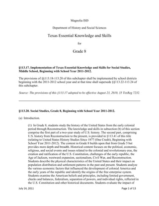 Magnolia ISD<br />Department of History and Social Sciences<br />Texas Essential Knowledge and Skills<br />for<br />Grade 8<br />§113.17. Implementation of Texas Essential Knowledge and Skills for Social Studies, Middle School, Beginning with School Year 2011-2012.<br />The provisions of §§113.18-113.20 of this subchapter shall be implemented by school districts beginning with the 2011-2012 school year and at that time shall supersede §§113.22-113.24 of this subchapter.<br />Source: The provisions of this §113.17 adopted to be effective August 23, 2010, 35 TexReg 7232.<br />§113.20. Social Studies, Grade 8, Beginning with School Year 2011-2012.<br />(a)  Introduction.<br />(1)  In Grade 8, students study the history of the United States from the early colonial period through Reconstruction. The knowledge and skills in subsection (b) of this section comprise the first part of a two-year study of U.S. history. The second part, comprising U.S. history from Reconstruction to the present, is provided in §113.41 of this title (relating to United States History Studies Since 1877 (One Credit), Beginning with School Year 2011-2012). The content in Grade 8 builds upon that from Grade 5 but provides more depth and breadth. Historical content focuses on the political, economic, religious, and social events and issues related to the colonial and revolutionary eras, the creation and ratification of the U.S. Constitution, challenges of the early republic, the Age of Jackson, westward expansion, sectionalism, Civil War, and Reconstruction. Students describe the physical characteristics of the United States and their impact on population distribution and settlement patterns in the past and present. Students analyze the various economic factors that influenced the development of colonial America and the early years of the republic and identify the origins of the free enterprise system. Students examine the American beliefs and principles, including limited government, checks and balances, federalism, separation of powers, and individual rights, reflected in the U.S. Constitution and other historical documents. Students evaluate the impact of Supreme Court cases and major reform movements of the 19th century and examine the rights and responsibilities of citizens of the United States as well as the importance of effective leadership in a constitutional republic. Students evaluate the impact of scientific discoveries and technological innovations on the development of the United States. Students use critical-thinking skills, including the identification of bias in written, oral, and visual material.<br />(2)  To support the teaching of the essential knowledge and skills, the use of a variety of rich primary and secondary source material such as the complete text of the U.S. Constitution and the Declaration of Independence, landmark cases of the U.S. Supreme Court, biographies, autobiographies, novels, speeches, letters, diaries, poetry, songs, and artworks is encouraged. Motivating resources are available from museums, historical sites, presidential libraries, and local and state preservation societies.<br />(3)  The eight strands of the essential knowledge and skills for social studies are intended to be integrated for instructional purposes. Skills listed in the social studies skills strand in subsection (b) of this section should be incorporated into the teaching of all essential knowledge and skills for social studies. A greater depth of understanding of complex content material can be attained when integrated social studies content from the various disciplines and critical-thinking skills are taught together. Statements that contain the word quot;
includingquot;
 reference content that must be mastered, while those containing the phrase quot;
such asquot;
 are intended as possible illustrative examples.<br />(4)  Students identify the role of the U.S. free enterprise system within the parameters of this course and understand that this system may also be referenced as capitalism or the free market system.<br />(5)  Throughout social studies in Kindergarten-Grade 12, students build a foundation in history; geography; economics; government; citizenship; culture; science, technology, and society; and social studies skills. The content, as appropriate for the grade level or course, enables students to understand the importance of patriotism, function in a free enterprise society, and appreciate the basic democratic values of our state and nation as referenced in the Texas Education Code (TEC), §28.002(h).<br />(6)  Students understand that a constitutional republic is a representative form of government whose representatives derive their authority from the consent of the governed, serve for an established tenure, and are sworn to uphold the constitution.<br />(7)  State and federal laws mandate a variety of celebrations and observances, including Celebrate Freedom Week.<br />(A)  Each social studies class shall include, during Celebrate Freedom Week as provided under the TEC, §29.907, or during another full school week as determined by the board of trustees of a school district, appropriate instruction concerning the intent, meaning, and importance of the Declaration of Independence and the U.S. Constitution, including the Bill of Rights, in their historical contexts. The study of the Declaration of Independence must include the study of the relationship of the ideas expressed in that document to subsequent American history, including the relationship of its ideas to the rich diversity of our people as a nation of immigrants, the American Revolution, the formulation of the U.S. Constitution, and the abolitionist movement, which led to the Emancipation Proclamation and the women's suffrage movement.<br />(B)  Each school district shall require that, during Celebrate Freedom Week or other week of instruction prescribed under subparagraph (A) of this paragraph, students in Grades 3-12 study and recite the following text: quot;
We hold these Truths to be self-evident, that all Men are created equal, that they are endowed by their Creator with certain unalienable Rights, that among these are Life, Liberty and the Pursuit of Happiness--That to secure these Rights, Governments are instituted among Men, deriving their just Powers from the Consent of the Governed.quot;
<br />(8)  Students identify and discuss how the actions of U.S. citizens and the local, state, and federal governments have either met or failed to meet the ideals espoused in the founding documents.<br />(b)  Knowledge and skills.<br />(1)  History. The student understands traditional historical points of reference in U.S. history through 1877. The student is expected to:<br />(A)  identify the major eras and events in U.S. history through 1877, including colonization, revolution, drafting of the Declaration of Independence, creation and ratification of the Constitution, religious revivals such as the Second Great Awakening, early republic, the Age of Jackson, westward expansion, reform movements, sectionalism, Civil War, and Reconstruction, and describe their causes and effects;<br />(B)  apply absolute and relative chronology through the sequencing of significant individuals, events, and time periods; and<br />(C)  explain the significance of the following dates: 1607, founding of Jamestown; 1620, arrival of the Pilgrims and signing of the Mayflower Compact; 1776, adoption of the Declaration of Independence; 1787, writing of the U.S. Constitution; 1803, Louisiana Purchase; and 1861-1865, Civil War.<br />(2)  History. The student understands the causes of exploration and colonization eras. The student is expected to:<br />(A)  identify reasons for European exploration and colonization of North America; and<br />(B)  compare political, economic, religious, and social reasons for the establishment of the 13 English colonies.<br />(3)  History. The student understands the foundations of representative government in the United States. The student is expected to:<br />(A)  explain the reasons for the growth of representative government and institutions during the colonial period;<br />(B)  analyze the importance of the Mayflower Compact, the Fundamental Orders of Connecticut, and the Virginia House of Burgesses to the growth of representative government; and<br />(C)  describe how religion and virtue contributed to the growth of representative government in the American colonies.<br />(4)  History. The student understands significant political and economic issues of the revolutionary era. The student is expected to:<br />(A)  analyze causes of the American Revolution, including the Proclamation of 1763, the Intolerable Acts, the Stamp Act, mercantilism, lack of representation in Parliament, and British economic policies following the French and Indian War;<br />(B)  explain the roles played by significant individuals during the American Revolution, including Abigail Adams, John Adams, Wentworth Cheswell, Samuel Adams, Mercy Otis Warren, James Armistead, Benjamin Franklin, Bernardo de Gálvez, Crispus Attucks, King George III, Haym Salomon, Patrick Henry, Thomas Jefferson, the Marquis de Lafayette, Thomas Paine, and George Washington;<br />(C)  explain the issues surrounding important events of the American Revolution, including declaring independence; writing the Articles of Confederation; fighting the battles of Lexington, Concord, Saratoga, and Yorktown; enduring the winter at Valley Forge; and signing the Treaty of Paris of 1783;<br />(D)  analyze the issues of the Constitutional Convention of 1787, including the Great Compromise and the Three-Fifths Compromise; and<br />(E)  analyze the arguments for and against ratification.<br />(5)  History. The student understands the challenges confronted by the government and its leaders in the early years of the republic and the Age of Jackson. The student is expected to:<br />(A)  describe major domestic problems faced by the leaders of the new republic such as maintaining national security, building a military, creating a stable economic system, setting up the court system, and defining the authority of the central government;<br />(B)  summarize arguments regarding protective tariffs, taxation, and the banking system;<br />(C)  explain the origin and development of American political parties;<br />(D)  explain the causes, important events, and effects of the War of 1812;<br />(E)  identify the foreign policies of presidents Washington through Monroe and explain the impact of Washington's Farewell Address and the Monroe Doctrine;<br />(F)  explain the impact of the election of Andrew Jackson, including expanded suffrage; and<br />(G)  analyze the reasons for the removal and resettlement of Cherokee Indians during the Jacksonian era, including the Indian Removal Act, Worcester v. Georgia, and the Trail of Tears.<br />(6)  History. The student understands westward expansion and its effects on the political, economic, and social development of the nation. The student is expected to:<br />(A)  explain how the Northwest Ordinance established principles and procedures for orderly expansion of the United States;<br />(B)  explain the political, economic, and social roots of Manifest Destiny;<br />(C)  analyze the relationship between the concept of Manifest Destiny and the westward growth of the nation;<br />(D)  explain the causes and effects of the U.S.-Mexican War and their impact on the United States; and<br />(E)  identify areas that were acquired to form the United States, including the Louisiana Purchase.<br />(7)  History. The student understands how political, economic, and social factors led to the growth of sectionalism and the Civil War. The student is expected to:<br />(A)  analyze the impact of tariff policies on sections of the United States before the Civil War;<br />(B)  compare the effects of political, economic, and social factors on slaves and free blacks;<br />(C)  analyze the impact of slavery on different sections of the United States; and<br />(D)  identify the provisions and compare the effects of congressional conflicts and compromises prior to the Civil War, including the roles of John Quincy Adams, John C. Calhoun, Henry Clay, and Daniel Webster.<br />(8)  History. The student understands individuals, issues, and events of the Civil War. The student is expected to:<br />(A)  explain the roles played by significant individuals during the Civil War, including Jefferson Davis, Ulysses S. Grant, Robert E. Lee, and Abraham Lincoln, and heroes such as congressional Medal of Honor recipients William Carney and Philip Bazaar;<br />(B)  explain the causes of the Civil War, including sectionalism, states' rights, and slavery, and significant events of the Civil War, including the firing on Fort Sumter; the battles of Antietam, Gettysburg, and Vicksburg; the announcement of the Emancipation Proclamation; Lee's surrender at Appomattox Court House; and the assassination of Abraham Lincoln; and<br />(C)  analyze Abraham Lincoln's ideas about liberty, equality, union, and government as contained in his first and second inaugural addresses and the Gettysburg Address and contrast them with the ideas contained in Jefferson Davis's inaugural address.<br />(9)  History. The student understands the effects of Reconstruction on the political, economic, and social life of the nation. The student is expected to:<br />(A)  evaluate legislative reform programs of the Radical Reconstruction Congress and reconstructed state governments;<br />(B)  evaluate the impact of the election of Hiram Rhodes Revels;<br />(C)  explain the economic, political, and social problems during Reconstruction and evaluate their impact on different groups; and<br />(D)  identify the effects of legislative acts such as the Homestead Act, the Dawes Act, and the Morrill Act.<br />(10)  Geography. The student understands the location and characteristics of places and regions of the United States, past and present. The student is expected to:<br />(A)  locate places and regions of importance in the United States during the 17th, 18th, and 19th centuries;<br />(B)  compare places and regions of the United States in terms of physical and human characteristics; and<br />(C)  analyze the effects of physical and human geographic factors on major historical and contemporary events in the United States.<br />(11)  Geography. The student understands the physical characteristics of North America and how humans adapted to and modified the environment through the mid-19th century. The student is expected to:<br />(A)  analyze how physical characteristics of the environment influenced population distribution, settlement patterns, and economic activities in the United States during the 17th, 18th, and 19th centuries;<br />(B)  describe the positive and negative consequences of human modification of the physical environment of the United States; and<br />(C)  describe how different immigrant groups interacted with the environment in the United States during the 17th, 18th, and 19th centuries.<br />(12)  Economics. The student understands why various sections of the United States developed different patterns of economic activity. The student is expected to:<br />(A)  identify economic differences among different regions of the United States;<br />(B)  explain reasons for the development of the plantation system, the transatlantic slave trade, and the spread of slavery;<br />(C)  explain the reasons for the increase in factories and urbanization; and<br />(D)  analyze the causes and effects of economic differences among different regions of the United States at selected times in U.S. history.<br />(13)  Economics. The student understands how various economic forces resulted in the Industrial Revolution in the 19th century. The student is expected to:<br />(A)  analyze the War of 1812 as a cause of economic changes in the nation; and<br />(B)  identify the economic factors that brought about rapid industrialization and urbanization.<br />(14)  Economics. The student understands the origins and development of the free enterprise system in the United States. The student is expected to:<br />(A)  explain why a free enterprise system of economics developed in the new nation, including minimal government intrusion, taxation, and property rights; and<br />(B)  describe the characteristics and the benefits of the U.S. free enterprise system during the 18th and 19th centuries.<br />(15)  Government. The student understands the American beliefs and principles reflected in the Declaration of Independence, the U.S. Constitution, and other important historic documents. The student is expected to:<br />(A)  identify the influence of ideas from historic documents, including the Magna Carta, the English Bill of Rights, the Mayflower Compact, the Federalist Papers, and selected Anti-Federalist writings, on the U.S. system of government;<br />(B)  summarize the strengths and weaknesses of the Articles of Confederation;<br />(C)  identify colonial grievances listed in the Declaration of Independence and explain how those grievances were addressed in the U.S. Constitution and the Bill of Rights; and<br />(D)  analyze how the U.S. Constitution reflects the principles of limited government, republicanism, checks and balances, federalism, separation of powers, popular sovereignty, and individual rights.<br />(16)  Government. The student understands the process of changing the U.S. Constitution and the impact of amendments on American society. The student is expected to:<br />(A)  summarize the purposes for and process of amending the U.S. Constitution; and<br />(B)  describe the impact of 19th-century amendments, including the 13th, 14th, and 15th amendments, on life in the United States.<br />(17)  Government. The student understands the dynamic nature of the powers of the national government and state governments in a federal system. The student is expected to:<br />(A)  analyze the arguments of the Federalists and Anti-Federalists, including those of Alexander Hamilton, Patrick Henry, James Madison, and George Mason; and<br />(B)  explain constitutional issues arising over the issue of states' rights, including the Nullification Crisis and the Civil War.<br />(18)  Government. The student understands the impact of landmark Supreme Court cases. The student is expected to:<br />(A)  identify the origin of judicial review and analyze examples of congressional and presidential responses;<br />(B)  summarize the issues, decisions, and significance of landmark Supreme Court cases, including Marbury v. Madison, McCulloch v. Maryland, and Gibbons v. Ogden; and<br />(C)  evaluate the impact of selected landmark Supreme Court decisions, including Dred Scott v. Sandford, on life in the United States.<br />(19)  Citizenship. The student understands the rights and responsibilities of citizens of the United States. The student is expected to:<br />(A)  define and give examples of unalienable rights;<br />(B)  summarize rights guaranteed in the Bill of Rights;<br />(C)  explain the importance of personal responsibilities, including accepting responsibility for one's behavior and supporting one's family;<br />(D)  identify examples of responsible citizenship, including obeying rules and laws, staying informed on public issues, voting, and serving on juries;<br />(E)  summarize the criteria and explain the process for becoming a naturalized citizen of the United States; and<br />(F)  explain how the rights and responsibilities of U.S. citizens reflect our national identity.<br />(20)  Citizenship. The student understands the importance of voluntary individual participation in the democratic process. The student is expected to:<br />(A)  explain the role of significant individuals such as Thomas Hooker, Charles de Montesquieu, John Locke, William Blackstone, and William Penn in the development of self-government in colonial America;<br />(B)  evaluate the contributions of the Founding Fathers as models of civic virtue; and<br />(C)  analyze reasons for and the impact of selected examples of civil disobedience in U.S. history such as the Boston Tea Party and Henry David Thoreau's refusal to pay a tax.<br />(21)  Citizenship. The student understands the importance of the expression of different points of view in a constitutional republic. The student is expected to:<br />(A)  identify different points of view of political parties and interest groups on important historical and contemporary issues;<br />(B)  describe the importance of free speech and press in a constitutional republic; and<br />(C)  summarize a historical event in which compromise resulted in a peaceful resolution.<br />(22)  Citizenship. The student understands the importance of effective leadership in a constitutional republic. The student is expected to:<br />(A)  analyze the leadership qualities of elected and appointed leaders of the United States such as George Washington, John Marshall, and Abraham Lincoln; and<br />(B)  describe the contributions of significant political, social, and military leaders of the United States such as Frederick Douglass, John Paul Jones, James Monroe, Stonewall Jackson, Susan B. Anthony, and Elizabeth Cady Stanton.<br />(23)  Culture. The student understands the relationships between and among people from various groups, including racial, ethnic, and religious groups, during the 17th, 18th, and 19th centuries. The student is expected to:<br />(A)  identify selected racial, ethnic, and religious groups that settled in the United States and explain their reasons for immigration;<br />(B)  explain the relationship between urbanization and conflicts resulting from differences in religion, social class, and political beliefs;<br />(C)  identify ways conflicts between people from various racial, ethnic, and religious groups were resolved;<br />(D)  analyze the contributions of people of various racial, ethnic, and religious groups to our national identity; and<br />(E)  identify the political, social, and economic contributions of women to American society.<br />(24)  Culture. The student understands the major reform movements of the 19th century. The student is expected to:<br />(A)  describe the historical development of the abolitionist movement; and<br />(B)  evaluate the impact of reform movements, including educational reform, temperance, the women's rights movement, prison reform, abolition, the labor reform movement, and care of the disabled.<br />(25)  Culture. The student understands the impact of religion on the American way of life. The student is expected to:<br />(A)  trace the development of religious freedom in the United States;<br />(B)  describe religious motivation for immigration and influence on social movements, including the impact of the first and second Great Awakenings; and<br />(C)  analyze the impact of the First Amendment guarantees of religious freedom on the American way of life.<br />(26)  Culture. The student understands the relationship between the arts and the times during which they were created. The student is expected to:<br />(A)  describe developments in art, music, and literature that are unique to American culture such as the Hudson River School artists, John James Audubon, quot;
Battle Hymn of the Republic,quot;
 transcendentalism, and other cultural activities in the history of the United States;<br />(B)  identify examples of American art, music, and literature that reflect society in different eras; and<br />(C)  analyze the relationship between fine arts and continuity and change in the American way of life.<br />(27)  Science, technology, and society. The student understands the impact of science and technology on the economic development of the United States. The student is expected to:<br />(A)  explain the effects of technological and scientific innovations such as the steamboat, the cotton gin, and interchangeable parts;<br />(B)  analyze the impact of transportation and communication systems on the growth, development, and urbanization of the United States;<br />(C)  analyze how technological innovations changed the way goods were manufactured and marketed, nationally and internationally; and<br />(D)  explain how technological innovations brought about economic growth such as how the factory system contributed to rapid industrialization and the Transcontinental Railroad led to the opening of the west.<br />(28)  Science, technology, and society. The student understands the impact of scientific discoveries and technological innovations on daily life in the United States. The student is expected to:<br />(A)  compare the effects of scientific discoveries and technological innovations that have influenced daily life in different periods in U.S. history; and<br />(B)  identify examples of how industrialization changed life in the United States.<br />(29)  Social studies skills. The student applies critical-thinking skills to organize and use information acquired through established research methodologies from a variety of valid sources, including electronic technology. The student is expected to:<br />(A)  differentiate between, locate, and use valid primary and secondary sources such as computer software, databases, media and news services, biographies, interviews, and artifacts to acquire information about the United States;<br />(B)  analyze information by sequencing, categorizing, identifying cause-and-effect relationships, comparing, contrasting, finding the main idea, summarizing, making generalizations and predictions, and drawing inferences and conclusions;<br />(C)  organize and interpret information from outlines, reports, databases, and visuals, including graphs, charts, timelines, and maps;<br />(D)  identify points of view from the historical context surrounding an event and the frame of reference which influenced the participants;<br />(E)  support a point of view on a social studies issue or event;<br />(F)  identify bias in written, oral, and visual material;<br />(G)  evaluate the validity of a source based on language, corroboration with other sources, and information about the author;<br />(H)  use appropriate mathematical skills to interpret social studies information such as maps and graphs;<br />(I)  create thematic maps, graphs, charts, models, and databases representing various aspects of the United States; and<br />(J)  pose and answer questions about geographic distributions and patterns shown on maps, graphs, charts, models, and databases.<br />(30)  Social studies skills. The student communicates in written, oral, and visual forms. The student is expected to:<br />(A)  use social studies terminology correctly;<br />(B)  use standard grammar, spelling, sentence structure, punctuation, and proper citation of sources;<br />(C)  transfer information from one medium to another, including written to visual and statistical to written or visual, using computer software as appropriate; and<br />(D)  create written, oral, and visual presentations of social studies information.<br />(31)  Social studies skills. The student uses problem-solving and decision-making skills, working independently and with others, in a variety of settings. The student is expected to:<br />(A)  use a problem-solving process to identify a problem, gather information, list and consider options, consider advantages and disadvantages, choose and implement a solution, and evaluate the effectiveness of the solution; and<br />(B)  use a decision-making process to identify a situation that requires a decision, gather information, identify options, predict consequences, and take action to implement a decision.<br />Source: The provisions of this §113.20 adopted to be effective August 23, 2010, 35 TexReg 7232.<br />