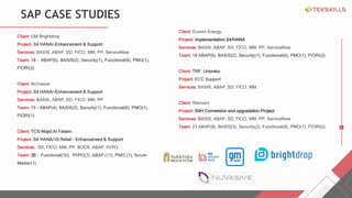 Client: GM Brightdrop
Project: S4 HANA/-Enhancement & Support
Services: BASIS, ABAP, SD, FICO, MM, PP, ServiceNow
Team: 18 - ABAP(6), BASIS(2), Security(1), Functional(6), PMO(1),
FIORI(2)
Client: NuVasive
Project: S4 HANA/-Enhancement & Support
Services: BASIS, ABAP, SD, FICO, MM, PP
Team: 15 - ABAP(4), BASIS(2), Security(1), Functional(6), PMO(1),
FIORI(1)
Client: TCS-Majid Al Fataim
Project: S4 HANA/-IS Retail - Enhancement & Support
Services: SD, FICO, MM, PP, BODS, ABAP, PI/PO
Team: 30 - Functional(10), PI/PO(7), ABAP (11), PMO (1), Scrum
Master(1)
SAP CASE STUDIES
Client: Ecoren Energy
Project: Implementation S4/HANA
Services: BASIS, ABAP, SD, FICO, MM, PP, ServiceNow
Team: 18 ABAP(6), BASIS(2), Security(1), Functional(6), PMO(1), FIORI(2)
Client: TRF, Unbrako
Project: ECC Support
Services: BASIS, ABAP, SD, FICO, MM
Client: Rexnord
Project: S4H Conversion and upgradation Project
Services: BASIS, ABAP, SD, FICO, MM, PP, ServiceNow
Team: 23 ABAP(8), BASIS(3), Security(2), Functional(8), PMO(1), FIORI(2)
 